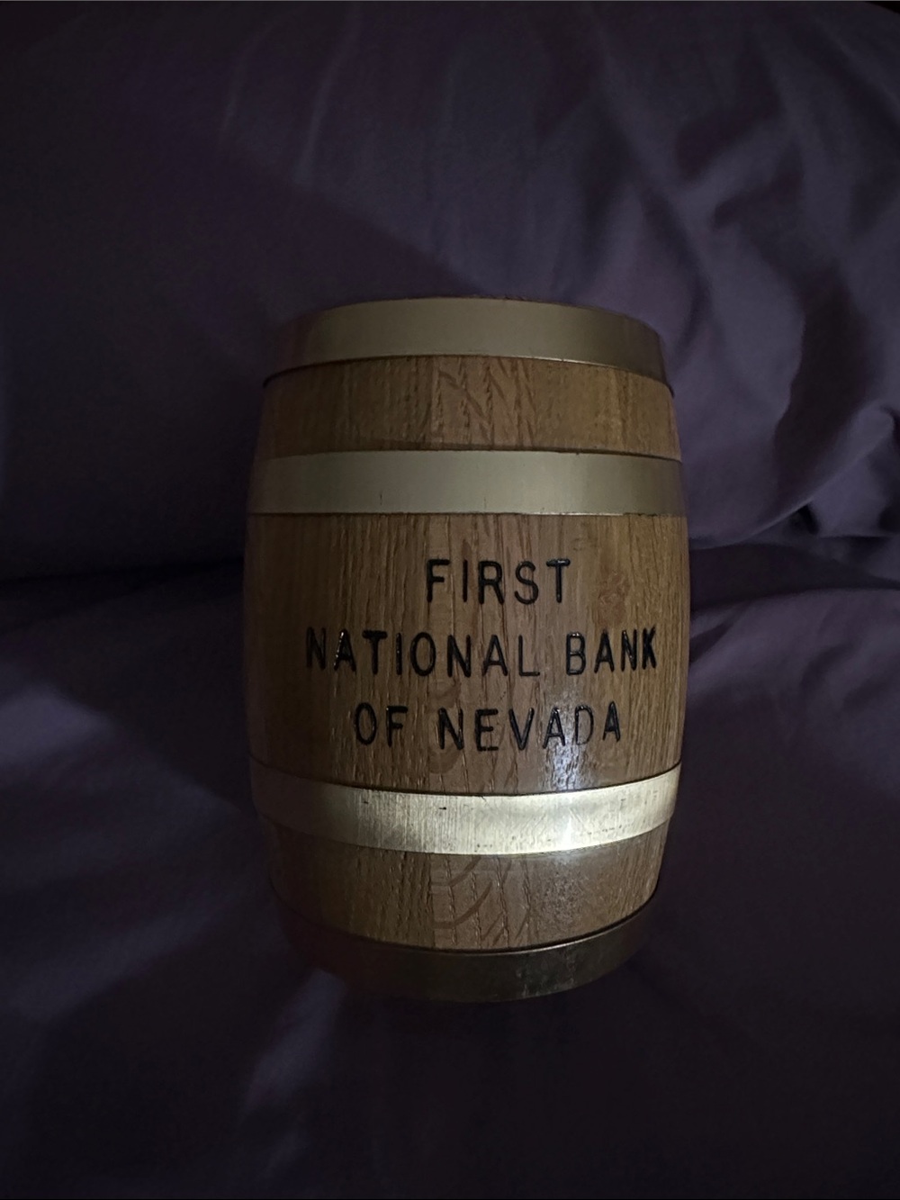 First National Bank of Nevada Wooden Barrel Bank - Wood & Gold piggy bank